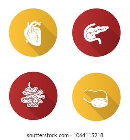 Internal organs flat design long shadow glyph icons set. Heart, pancreas and duodenum, small intestine, ovary and fallopian tube. Vector silhouette illustration