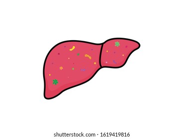 Internal organs of the human on white background, Human liver anatomy, Virus and bacteria infected human liver, Liver icon, Organs symbol, Cartoon vector illustration