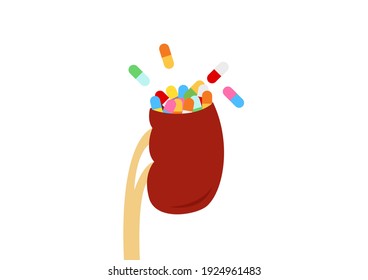 Die inneren Organe des Menschen auf weißem Hintergrund, Pillen in den Nieren, Anatomie der Nieren, Symbol der Nieren, Symbol der Nieren, Vektorgrafik von Cartoon.