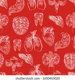 The internal organs of man. Hand drawn ovary, lungs, heart and liver, stomach and heart, palms and feet, brain, kidneys, tooth. Anti-stress coloring of the human body. Sketch medical pattern on red