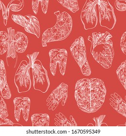 The internal organs of man. Hand drawn ovary, lungs, heart and liver, stomach and heart, palms and feet, brain, kidneys, tooth. Antistress coloring of the human body. Sketch medical drawing.