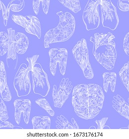 The internal organs of man. Hand drawn ovary, lungs, heart and liver, stomach and heart, palms and feet, brain, kidneys, tooth. Antistress coloring of the human body. Sketch medical drawing.