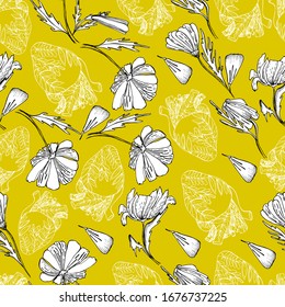 The internal organs of man. Hand drawn liner heart, wildflowers, daisies. Antistress coloring of the human body on yellow. Sketch medical, healthy human heart, heart in plants and flowers