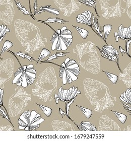 The internal organs of man. Hand drawn white heart, wildflowers, daisies. Antistress coloring of the human body on gray. Sketch medical, healthy human heart, heart in plants and flowers
