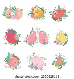 Internal organs with plants. Healthy human organ in flowers and branches. Person anatomy, heart lungs brain liver nowaday vector stickers design