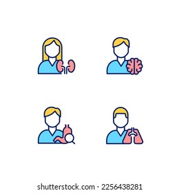 Los órganos internos tratan el píxel perfecto ajuste de los iconos de color RGB. Pulmonología, nefrología. Servicios de salud. Ilustraciones vectoriales aisladas. Colección de planos de línea simple rellena. Trazo editable