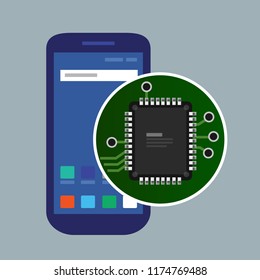 Internal phone device circuit board, a microprocessor, a variety of chips and other electronic components. illustrate repair of mobile devices. Vector