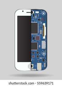 Internal phone device: circuit board, a microprocessor, a variety of chips and other electronic components. It can be used to illustrate the related repair and configuration of mobile devices.