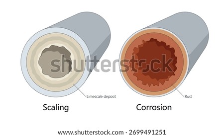 internal pipe damage caused by limescale buildup and rust, highlighting differences between scaling and corrosion diagram hand drawn schematic vector. Science educational illustration