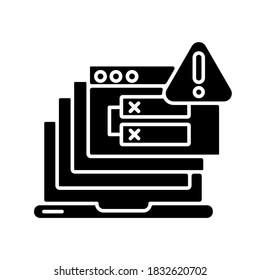 Internal server error black glyph icon. HTTP status code, 500 error warning message silhouette symbol on white space. Internet connection problem, website access failure. Vector isolated illustration