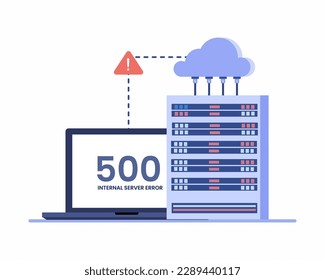 Internal server error, Page 500 error with server and network administrators, concept of cloud computing.