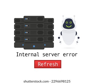 Internal server error website page. Http status code 500. Internet connection failure with oops worried robot character banner. Chatbot mascot on web design template. Vector illustration