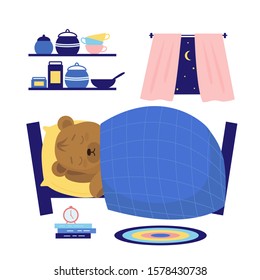 The internal situation in the den. Little bear sleeps on a cot in his room. Cute, funny cartoon character on white background.