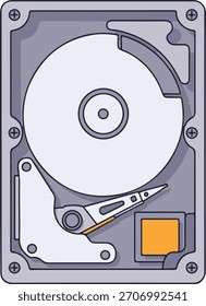 Interne Ansicht eines Festplattenlaufwerks, detaillierte Kontur, Vektorgrafik