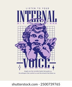 internal voice slogan with baby angel graphic vector illustration on grid background