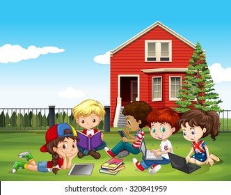 Internatinal Children Studying Outside Classroom Illustration