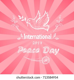 International 2017 peace day vector with dove holding twig in beak. Pigeon with branches as symbol of harmony and love isolated on background with pink rays