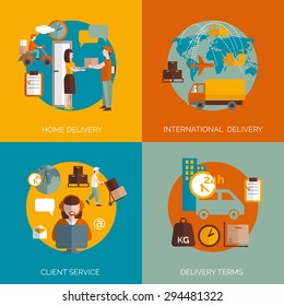 International 24h package delivery coordinated logistic clients service terms 4 flat icons composition abstract isolated vector illustration