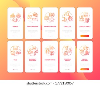 International administration onboarding mobile app page screen set with concepts. Legal document walkthrough 5 steps graphic instructions. UI vector template with RGB color illustrations