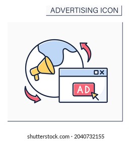 International ads color icon.Dissemination of commercial message to target audiences in countries. Business activity. Goods promoting.Advertising concept. Isolated vector illustration