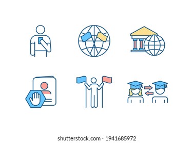 International affairs RGB color icons set. Diplomatic mission. Embassy. Citizenship service. Legal status. Multiple, dual nationality. Student exchange program. Isolated vector illustrations