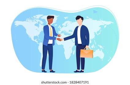 International agreements concept. Two entrepreneurs conclude an agreement and shake hands against the background of the world map. Flat cartoon vector illustration