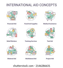 International Aid Concept Icons Set. Foreign Volunteer Opportunities Idea Thin Line Color Illustrations. Financial Aid. Isolated Symbols. Editable Stroke. Roboto-Medium, Myriad Pro-Bold Fonts Used