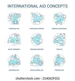 International Aid Turquoise Concept Icons Set. Foreign Volunteer Opportunities Idea Thin Line Color Illustrations. Isolated Symbols. Editable Stroke. Roboto-Medium, Myriad Pro-Bold Fonts Used