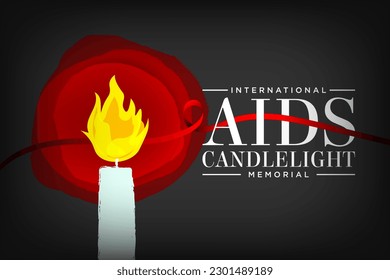 International AIDS Candlelight Memorial Banner Design, celebrated every third Sunday of May. Burning Candle and red ribbon awareness ribbon. Vector Illustration. EPS 10.