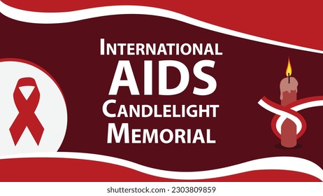 International AIDS Candlelight Memorial Day vector banner design with lit candle stick, ribbon, red color pallet and typography. International AIDS Candlelight Memorial modern minimal poster.