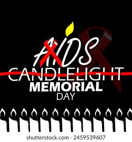 International AIDS Candlelight Memorial event banner. Bold text with red campaign ribbon and candles on black background to commemorate on May