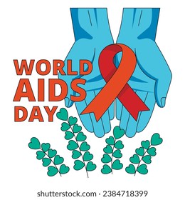 International AIDS Day. Illustration with hands holding red ribbon symbol. Vector graphic.