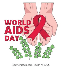 International AIDS Day. Illustration with hands holding red ribbon symbol. Vector graphic.