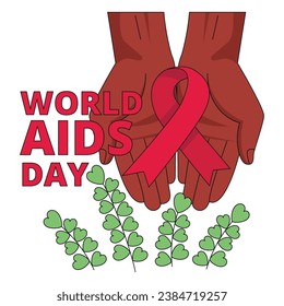 International AIDS Day. Illustration with hands holding red ribbon symbol. Vector graphic.