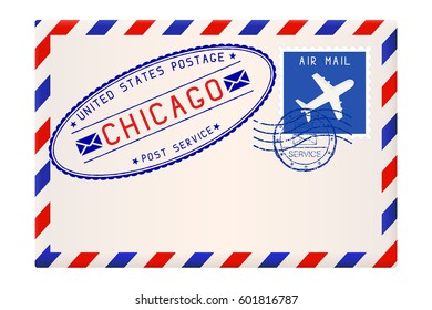 International air mail envelope from CHICAGO. With oval postal stamp. Vector illustration isolated on white background