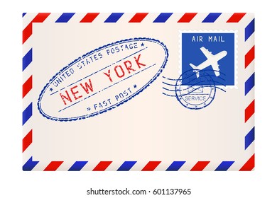 International air mail envelope from NEW YORK. With round blue postal stamp. Vector  illustration isolated on white background