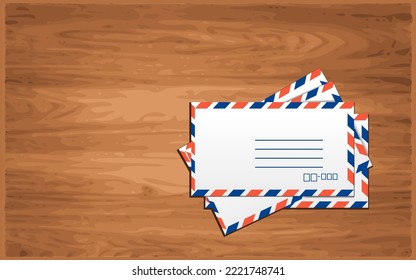 International air mail envelope pile on wooden background. Foreign letters brown  table. Post card wrappers. Vector illustration.