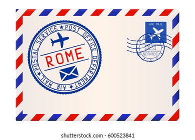 Sobre internacional de correo aéreo de ROMA, Italia. Con sello postal azul redondo. Ilustración vectorial 3d aislada en fondo blanco