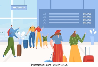 International airport arrival and departure information board, cancel flight terminal flat vector illustration, people together wait check in.