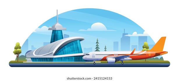 International airport building with airplane and city landscape. Vector illustration