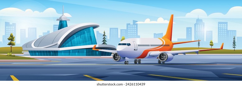 International airport building with airplane and city landscape background vector cartoon illustration