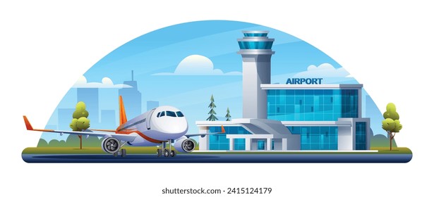 International airport building with airplane on cityscape. Vector illustration