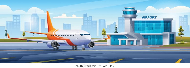 International airport building with airplane on cityscape background vector cartoon illustratio