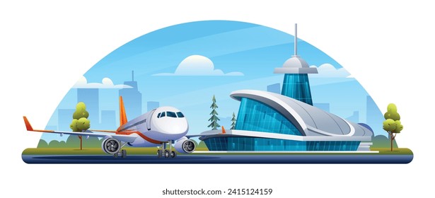 International airport building with airplane, terminal, gate, runway and city landscape vector cartoon illustration