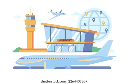 International airport building and runway with airplane. Travel by plane. Air transportation. Departure terminal architecture. Passengers aviation. Map location pins