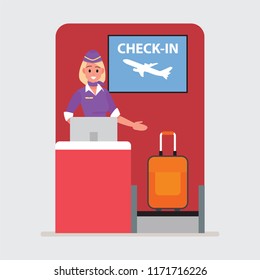 international airport check-in desk with airline representatives.Vector illustration cartoon character.