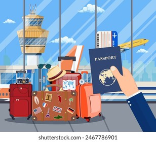 Internationales Flughafenkonzept. Moderne und Vintage Reisetasche. Kunststoff- und Ledertasche. Hand mit Pass und Bordkarte. Reisegepäck und Gepäck. Vektorillustration im flachen Stil