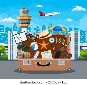 International airport concept. Summer holiday, tourism and vacation items. Bag photo camera compass, wallet, map, scuba mask, flip flops, hat wallet Vector flat style