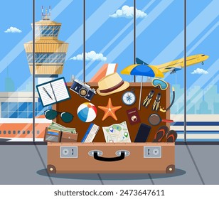 International airport concept. Summer holiday, tourism and vacation items. Bag photo camera compass, wallet, map, scuba mask, flip flops, hat wallet Vector flat style