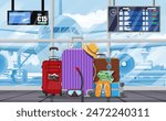 International airport concept. Travel suitcase. Plane before takeoff. Airport control tower, terminal building and parking area. Cityscape. Sky with clouds and sun. Vector illustration in flat style